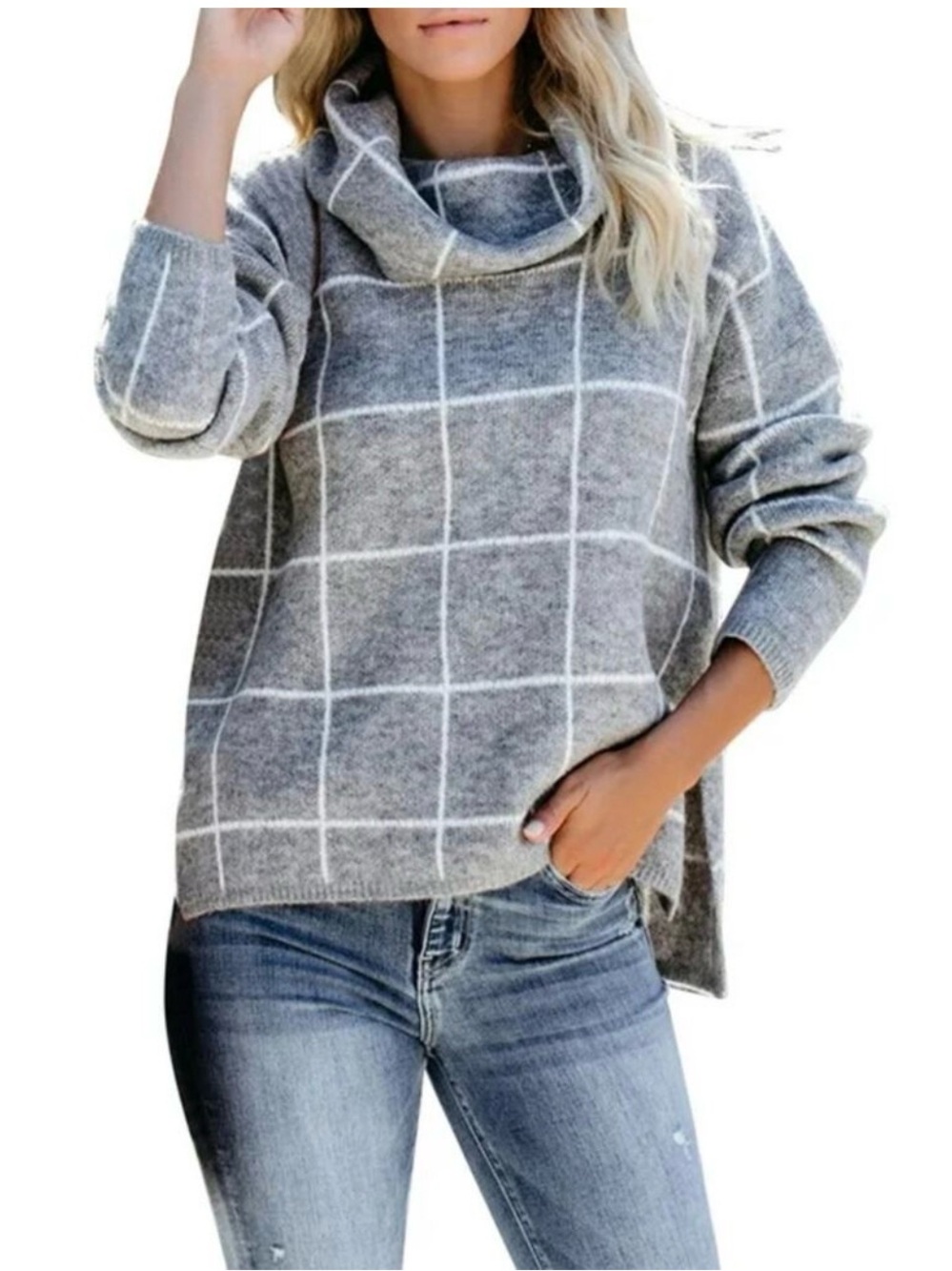 Lumiere Gray & White Windowpane Cowl Neck Sweater small